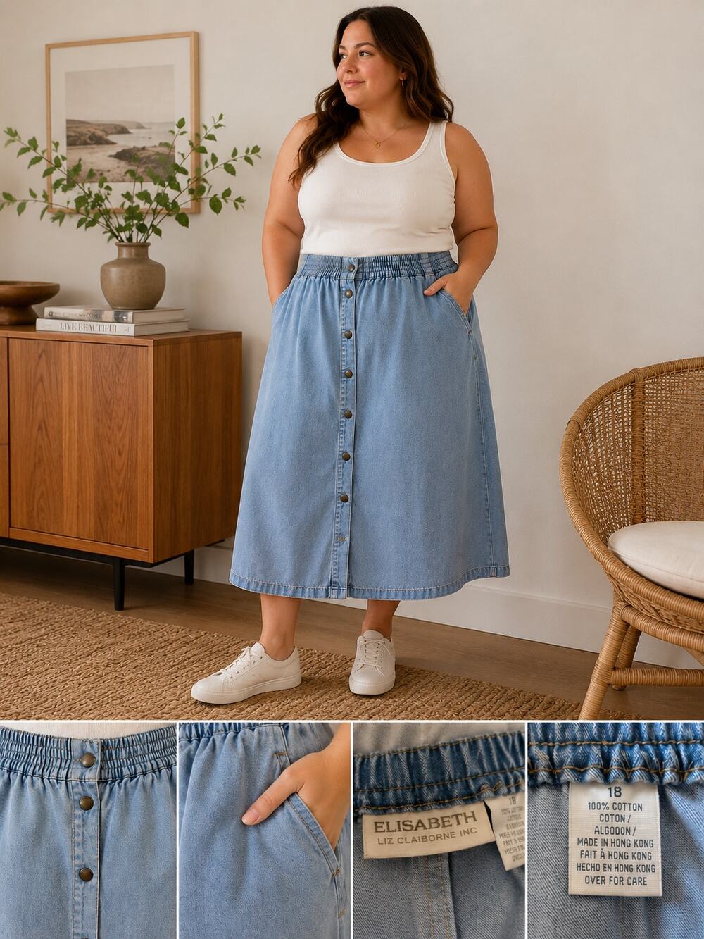 Vintage Liz Claiborne Denim Midi Skirt | Button Front Size 18 ✨